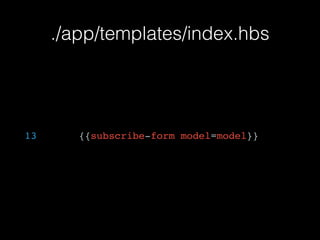 ./app/templates/index.hbs
13 {{subscribe-form model=model}}
 