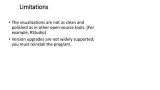 Limitations
• The visualizations are not as clean and
polished as in other open-source tools. (For
example, RStudio)
• Version upgrades are not widely supported;
you must reinstall the program.
 