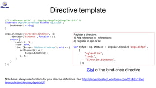 Directive template
/// <reference path='../../typings/angularjs/angular.d.ts' />
interface IMyDirectiveScope extends ng.IScope {
bookmarker: string;
}
angular.module('directive.bindonce', [])
.directive('bindOnce', function () {
return {
restrict: 'A',
scope: true,
link: ($scope: IMyDirectiveScope): void => {
setTimeout(() => {
$scope.$destroy();
}, 0);
}
}
});
Register a directive:
1) Add reference in _reference.ts
2) Register in app.ts file:
var myApp: ng.IModule = angular.module("angularApp",
[
"ngSanitize",
"ionic",
"directive.bindonce",
]);
Nota bene: Always use functions for your directive definitions. See: http://discventionstech.wordpress.com/2014/01/19/wri
te-angularjs-code-using-typescript/
Gist of the bind-once directive
 