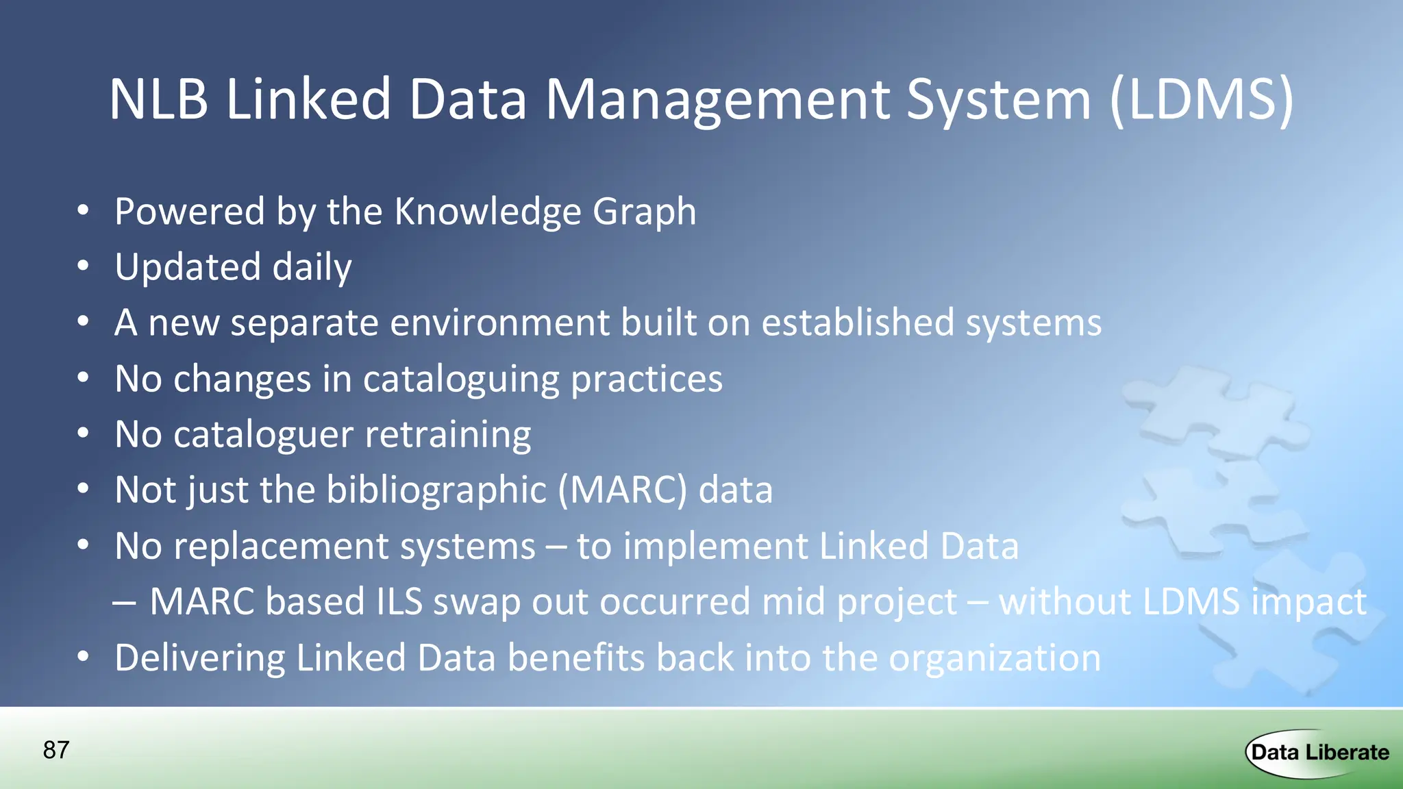 87
NLB Linked Data Management System (LDMS)
• Powered by the Knowledge Graph
• Updated daily
• A new separate environment built on established systems
• No changes in cataloguing practices
• No cataloguer retraining
• Not just the bibliographic (MARC) data
• No replacement systems – to implement Linked Data
– MARC based ILS swap out occurred mid project – without LDMS impact
• Delivering Linked Data benefits back into the organization
 