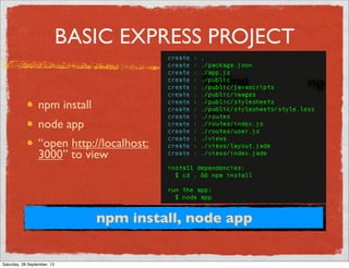 npm install, node app
BASIC EXPRESS PROJECT
npm install
node app
“open http://localhost:
3000” to view
Saturday, 28 September, 13
 