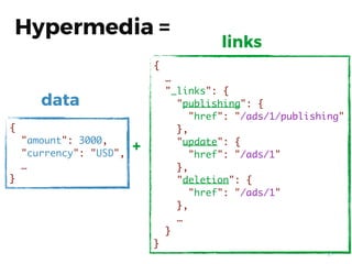 21
Hypermedia =
{
"amount": 3000,
"currency": "USD",
…
}
data
{
…
"_links": {
"publishing": {
"href": "/ads/1/publishing"
},
"update": {
"href": "/ads/1"
},
"deletion": {
"href": "/ads/1"
},
…
}
}
links
+
 