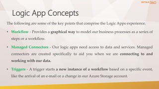 Logic App Concepts
The following are some of the key points that comprise the Logic Apps experience.
• Workflow - Provides a graphical way to model our business processes as a series of
steps or a workflow.
• Managed Connectors - Our logic apps need access to data and services. Managed
connectors are created specifically to aid you when we are connecting to and
working with our data.
• Triggers - A trigger starts a new instance of a workflow based on a specific event,
like the arrival of an e-mail or a change in our Azure Storage account.
 