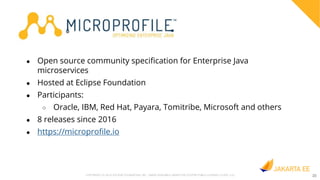23COPYRIGHT (C) 2019, ECLIPSE FOUNDATION, INC. | MADE AVAILABLE UNDER THE ECLIPSE PUBLIC LICENSE 2.0 (EPL-2.0) 23
Content Slide 2
● Open source community specification for Enterprise Java
microservices
● Hosted at Eclipse Foundation
● Participants:
○ Oracle, IBM, Red Hat, Payara, Tomitribe, Microsoft and others
● 8 releases since 2016
● https://microprofile.io
 