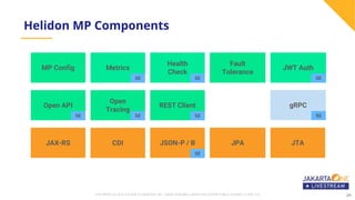 24COPYRIGHT (C) 2019, ECLIPSE FOUNDATION, INC. | MADE AVAILABLE UNDER THE ECLIPSE PUBLIC LICENSE 2.0 (EPL-2.0) 24
Helidon MP Components
MP Config Metrics
Health
Check
Fault
Tolerance
JWT Auth
JAX-RS CDI JSON-P / B
Open API
Open
Tracing
REST Client
SE SE
SE
JPA
gRPC
JTA
SESE SE SE
SE
 