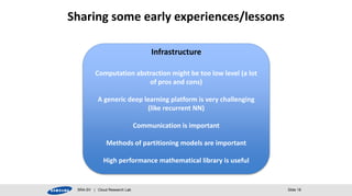 Sharing some early experiences/lessons 
Infrastructure 
Computation abstraction might be too low level (a lot 
of pros and cons) 
A generic deep learning platform is very challenging 
(like recurrent NN) 
Communication is important 
Methods of partitioning models are important 
High performance mathematical library is useful 
SRA-SV | Cloud Research Lab Slide 18 
 