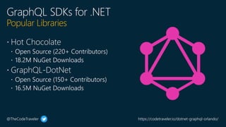 @TheCodeTraveler https://codetraveler.io/dotnet-graphql-orlando/
 