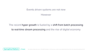 Unless otherwise indicated, these slides are © 2013-2019 Pivotal Software, Inc. and licensed under a Creative Commons Attribution-NonCommercial license: http://creativecommons.org/licenses/by-nc/3.0/
Events driven systems are not new
However
The recent hyper growth is fueled by a shift from batch processing
to real-time stream processing and the rise of digital economy
 