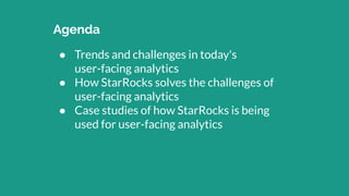 Agenda
● Trends and challenges in today's
user-facing analytics
● How StarRocks solves the challenges of
user-facing analytics
● Case studies of how StarRocks is being
used for user-facing analytics
 
