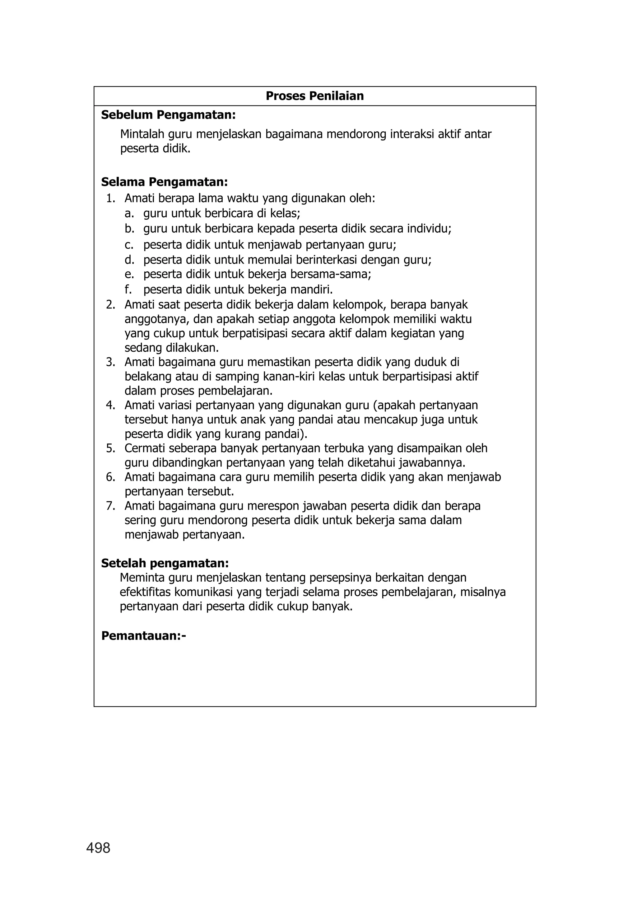 498
Proses Penilaian
Sebelum Pengamatan:
Mintalah guru menjelaskan bagaimana mendorong interaksi aktif antar
peserta didik.
Selama Pengamatan:
1. Amati berapa lama waktu yang digunakan oleh:
a. guru untuk berbicara di kelas;
b. guru untuk berbicara kepada peserta didik secara individu;
c. peserta didik untuk menjawab pertanyaan guru;
d. peserta didik untuk memulai berinterkasi dengan guru;
e. peserta didik untuk bekerja bersama-sama;
f. peserta didik untuk bekerja mandiri.
2. Amati saat peserta didik bekerja dalam kelompok, berapa banyak
anggotanya, dan apakah setiap anggota kelompok memiliki waktu
yang cukup untuk berpatisipasi secara aktif dalam kegiatan yang
sedang dilakukan.
3. Amati bagaimana guru memastikan peserta didik yang duduk di
belakang atau di samping kanan-kiri kelas untuk berpartisipasi aktif
dalam proses pembelajaran.
4. Amati variasi pertanyaan yang digunakan guru (apakah pertanyaan
tersebut hanya untuk anak yang pandai atau mencakup juga untuk
peserta didik yang kurang pandai).
5. Cermati seberapa banyak pertanyaan terbuka yang disampaikan oleh
guru dibandingkan pertanyaan yang telah diketahui jawabannya.
6. Amati bagaimana cara guru memilih peserta didik yang akan menjawab
pertanyaan tersebut.
7. Amati bagaimana guru merespon jawaban peserta didik dan berapa
sering guru mendorong peserta didik untuk bekerja sama dalam
menjawab pertanyaan.
Setelah pengamatan:
Meminta guru menjelaskan tentang persepsinya berkaitan dengan
efektifitas komunikasi yang terjadi selama proses pembelajaran, misalnya
pertanyaan dari peserta didik cukup banyak.
Pemantauan:-
 