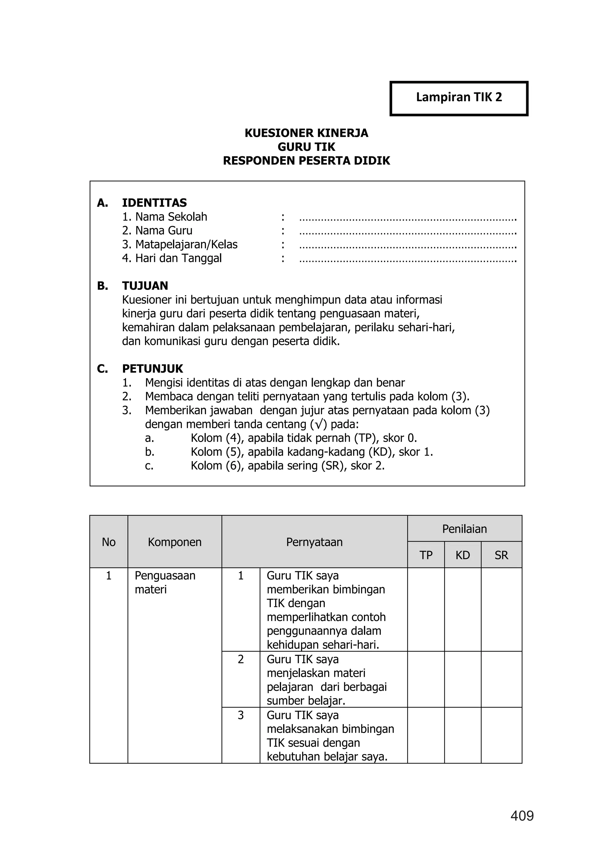 409
KUESIONER KINERJA
GURU TIK
RESPONDEN PESERTA DIDIK
A. IDENTITAS
1. Nama Sekolah : …………………………………………………………….
2. Nama Guru : …………………………………………………………….
3. Matapelajaran/Kelas : …………………………………………………………….
4. Hari dan Tanggal : …………………………………………………………….
B. TUJUAN
Kuesioner ini bertujuan untuk menghimpun data atau informasi
kinerja guru dari peserta didik tentang penguasaan materi,
kemahiran dalam pelaksanaan pembelajaran, perilaku sehari-hari,
dan komunikasi guru dengan peserta didik.
C. PETUNJUK
1. Mengisi identitas di atas dengan lengkap dan benar
2. Membaca dengan teliti pernyataan yang tertulis pada kolom (3).
3. Memberikan jawaban dengan jujur atas pernyataan pada kolom (3)
dengan memberi tanda centang (√) pada:
a. Kolom (4), apabila tidak pernah (TP), skor 0.
b. Kolom (5), apabila kadang-kadang (KD), skor 1.
c. Kolom (6), apabila sering (SR), skor 2.
No Komponen Pernyataan
Penilaian
TP KD SR
1 Penguasaan
materi
1 Guru TIK saya
memberikan bimbingan
TIK dengan
memperlihatkan contoh
penggunaannya dalam
kehidupan sehari-hari.
2 Guru TIK saya
menjelaskan materi
pelajaran dari berbagai
sumber belajar.
3 Guru TIK saya
melaksanakan bimbingan
TIK sesuai dengan
kebutuhan belajar saya.
Lampiran TIK 2
 