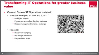 5
Transforming IT Operations for greater business
value
§  Current State of IT Operations is chaotic
§  What can we expect in 2014 and 2015?
§  IT budgets stay flat
§  Process lag among Dev, QA, Ops continues
§  Release management remains a challenge
§  Reasons?
§  IT is always firefighting
§  Not enough automation
§  Fragmentation of ops
 