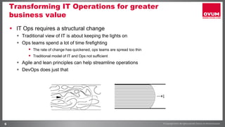 6
Transforming IT Operations for greater
business value
§  IT Ops requires a structural change
§  Traditional view of IT is about keeping the lights on
§  Ops teams spend a lot of time firefighting
§  The rate of change has quickened, ops teams are spread too thin
§  Traditional model of IT and Ops not sufficient
§  Agile and lean principles can help streamline operations
§  DevOps does just that
 