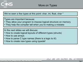 More on Types

We’ve seen a few types at this point: char, int, float, char *

Types are important because:
• They allow your program to impose logical structure on memory
• They help the compiler tell when you’re making a mistake

In the next slides we will discuss:
• How to create logical layouts of different types (structs)
• How to use arrays
• How to parse C type names (there is a logic to it!)
• How to create new types using typedef
 