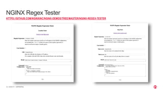 | ©2020 F523 CONFIDENTIAL
NGINX Regex Tester
HTTPS://GITHUB.COM/NGINXINC/NGINX-DEMOS/TREE/MASTER/NGINX-REGEX-TESTER
 