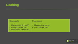 Caching
22
Block cache
•  Managed by RocksDB
•  Uncompressed data
•  Defaults to 1/3 of RAM
Page cache
•  Managed by kernel
•  Compressed data
 