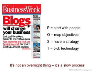 P = start with people O = map objectives S = have a strategy T = pick technology It’s not an overnight thing – it’s a slow process 