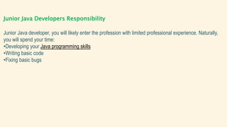 Junior Java Developers Responsibility
Junior Java developer, you will likely enter the profession with limited professional experience. Naturally,
you will spend your time:
•Developing your Java programming skills
•Writing basic code
•Fixing basic bugs
 