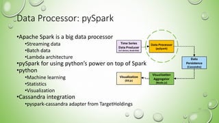 Data Processor: pySpark
•Apache Spark is a big data processor
•Streaming data
•Batch data
•Lambda architecture
•pySpark for using python’s power on top of Spark
•python
•Machine learning
•Statistics
•Visualization
•Cassandra integration
•pyspark-cassandra adapter from TargetHoldings
10
 