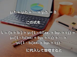 μ1t1 + μ2t2 + … + μ6t6 = 0
この式を
L = (a + b ) + μ1{1 - t1(ax1 + by1 + c)} +
μ2{1 - t2(ax2 + by2 + c)} + … +
μ6{1 - t6(ax6 + by6 + c)}
に代⼊して整理すると
 