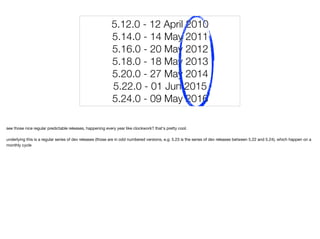 5.12.0 - 12 April 2010
5.14.0 - 14 May 2011
5.16.0 - 20 May 2012
5.18.0 - 18 May 2013
5.20.0 - 27 May 2014
5.22.0 - 01 Jun 2015
5.24.0 - 09 May 2016
see those nice regular predictable releases, happening every year like clockwork? that's pretty cool. 

underlying this is a regular series of dev releases (those are in odd numbered versions, e.g. 5.23 is the series of dev releases between 5.22 and 5.24), which happen on a
monthly cycle
 