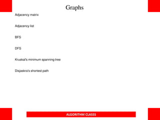 Adjacency matrix
Adjacency list
BFS
DFS
Kruskal's minimum spanning tree
Disjaskra's shortest path
Graphs
ALGORITHM CLASSS
 