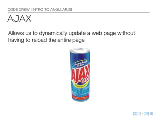 Allows us to dynamically update a web page without
having to reload the entire page
CODE CREW | INTRO TO ANGULARJS
AJAX
 