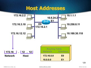 129
Host Addresses
172.16.2.2
172.16.3.10
172.16.12.12
10.1.1.1
10.250.8.11
10.180.30.118
E1
172.16 12 12
Network Host
. . Network Interface
172.16.0.0
10.0.0.0
E0
E1
Routing Table
172.16.2.1
10.6.24.2
E0
 