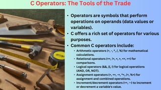 C Operators: The Tools of the Trade
• Operators are symbols that perform
operations on operands (data values or
variables).
• C offers a rich set of operators for various
purposes.
• Common C operators include:
• Arithmetic operators (+, -, *, /, %) for mathematical
calculations.
• Relational operators (==, !=, <, >, <=, >=) for
comparisons.
• Logical operators (&&, ||, !) for logical operations
(AND, OR, NOT).
• Assignment operators (=, +=, -=, *=, /=, %=) for
assignment and combined operations.
• Increment/decrement operators (++, --) to increment
or decrement a variable's value.
 