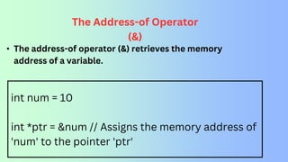 int num = 10
int *ptr = &num // Assigns the memory address of
'num' to the pointer 'ptr'
The Address-of Operator
(&)
• The address-of operator (&) retrieves the memory
address of a variable.
 