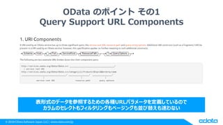 © 2018 CData Software Japan, LLC | www.cdata.com/jp
OData のポイント その1
Query Support URL Components
表形式のデータを参照するための各種URLパラメータを定義しているので
カラムのセレクトもフィルタリングもページングも並び替えも迷わない
 