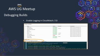 AWS UG Meetup
Debugging Builds
• Enable Logging in CloudWatch / S3
 
