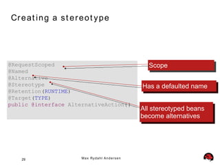 Cr e at i n g a s t e r e o t y p e




@RequestScoped                                                Scope
@Named
@Alternative
@Stereotype                                                 Has a defaulted name
@Retention(RUNTIME)
@Target(TYPE)
public @interface AlternativeAction{}
                                                            All stereotyped beans
                                                            become alternatives




    29                   M a x Ry d a h l A n d e r s e n
 