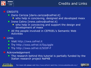 Credits and Links CREDITS Dario Cerizza [dario.cerizza@cefriel.it] who help in concieving, designed and developed meex Irene Celino [irene.celino@cefriel.it] who help in concieving and support the design and development of meex All the people involved in CEFRIEL’s Semantic Web Activities Links Visit  http://swa.cefriel.it   Try  http://swa.cefriel.it/Squiggle   Try  http://swa.cefriel.it/SOIP-F   Acknowledgement  The research behind this tutorial is partially funded by the Italian research project NeP4B 