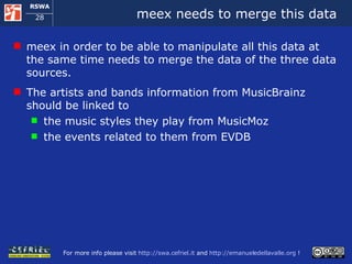 meex needs to merge this data meex in order to be able to manipulate all this data at the same time needs to merge the data of the three data sources. The artists and bands information from MusicBrainz should be linked to the music styles they play from MusicMoz the events related to them from EVDB 