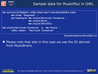 Sample data for MusicMoz in OWL mb:artist/b10bbbfc-cf9e-42e0-be17-e2c3e1d2600d.html   mm:from &quot;England&quot; ;   mm:hasStyle mm:style/British-Invasion ,   mm:style/Rock ,   mm:style/Skiffle . mm:style/British-Invasion  a  mm:Style ;   rdfs:label  &quot;British Invasion&quot; . SampleInstance-MusicMoz.n3 Please note that also in this case we use the ID derived from MusicBrainz 