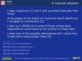 A manual solution I open musicmoz [1] and I look up artists that play Folk music If the pages of the artists on musicmoz don’t satisfy me I navigate to musicbrainz [2]  I look up in EVDB [3] if some of those artists have organized an event close to my location in these days I take note of the possible alternatives and I check how to get there using google maps [4] [1]  http://www.musicmoz.org   [2]  http://www.musicbrainz.org   [3]  http://www.eventful.com   [4]  http://maps.google.com   