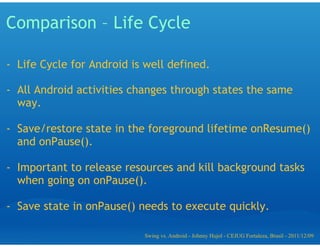Comparison – Life Cycle

-  Life Cycle for Android is well defined.

-  All Android activities changes through states the same
   way.

-  Save/restore state in the foreground lifetime onResume()
   and onPause().

-  Important to release resources and kill background tasks
   when going on onPause().

-  Save state in onPause() needs to execute quickly.

                            Swing vs. Android - Johnny Hujol - CEJUG Fortaleza, Brasil - 2011/12/09
 