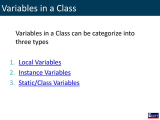 Variables in a Class
Variables in a Class can be categorize into
three types
1. Local Variables
2. Instance Variables
3. Static/Class Variables
 