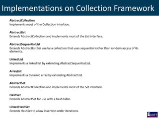 Implementations on Collection Framework
AbstractCollection
Implements most of the Collection interface.
AbstractList
Extends AbstractCollection and implements most of the List interface.
AbstractSequentialList
Extends AbstractList for use by a collection that uses sequential rather than random access of its
elements.
LinkedList
Implements a linked list by extending AbstractSequentialList.
ArrayList
Implements a dynamic array by extending AbstractList.
AbstractSet
Extends AbstractCollection and implements most of the Set interface.
HashSet
Extends AbstractSet for use with a hash table.
LinkedHashSet
Extends HashSet to allow insertion-order iterations.
 