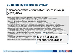 Copyright©2015 JPCERT/CC Allrights reserved.
Vulnerability reports on JVN.JP
8
JVN#27388160: SumaHo forAndroid fails to verify SSL/TLS server certificates
JVN#48270605: Yahoo! Japan Box for Android issue where it fails to verify SSL server certificates
JVN#04560253: Yuko YukoApp for Android fails to verify SSL server certificates
JVN#17637243: Kindle App for Android fails to verify SSL server certificates
JVN#27702217: Ameba forAndroid contains an issue where it fails to verify SSL server certificates
JVN#72950786: Outlook.com forAndroid contains an issue where it fails to verify SSL server certificates
JVN#10603428: JR East JapanApp for Android. contains an issue where it fails to verify SSL server certificates
JVN#16263849: Demaecan forAndroid. contains an issue where it fails to verify SSL server certificates
JVN#48810179: Denny's App for Android. contains an issue where it fails to verify SSL server certificates
JVN#97810280: KDrive Personal for Windows contains an issue where it fails to verify SSL server certificates
JVN#75084836: Yahoo! Japan Shopping for Android contains an issue where it fails to verify SSL server certificates
JVN#68156832: Yafuoku! Contains an issue where it fails to verify SSL server certificates
JVN#39218538: Pizza Hut Japan Official OrderApp forAndroid. contains an issue where it fails to verify SSL server
certificates
JVN#85812843: FileMaker Pro fails to verify SSL server certificates
JVN#39707339: Opera fails to verify SSL server certificates
JVN#82029095: sp mode mail issue in the verification of SSL certificates
“improper certificate verification” issues in jvn.jp
(2013,2014)
Many Reports on
various Android apps
 