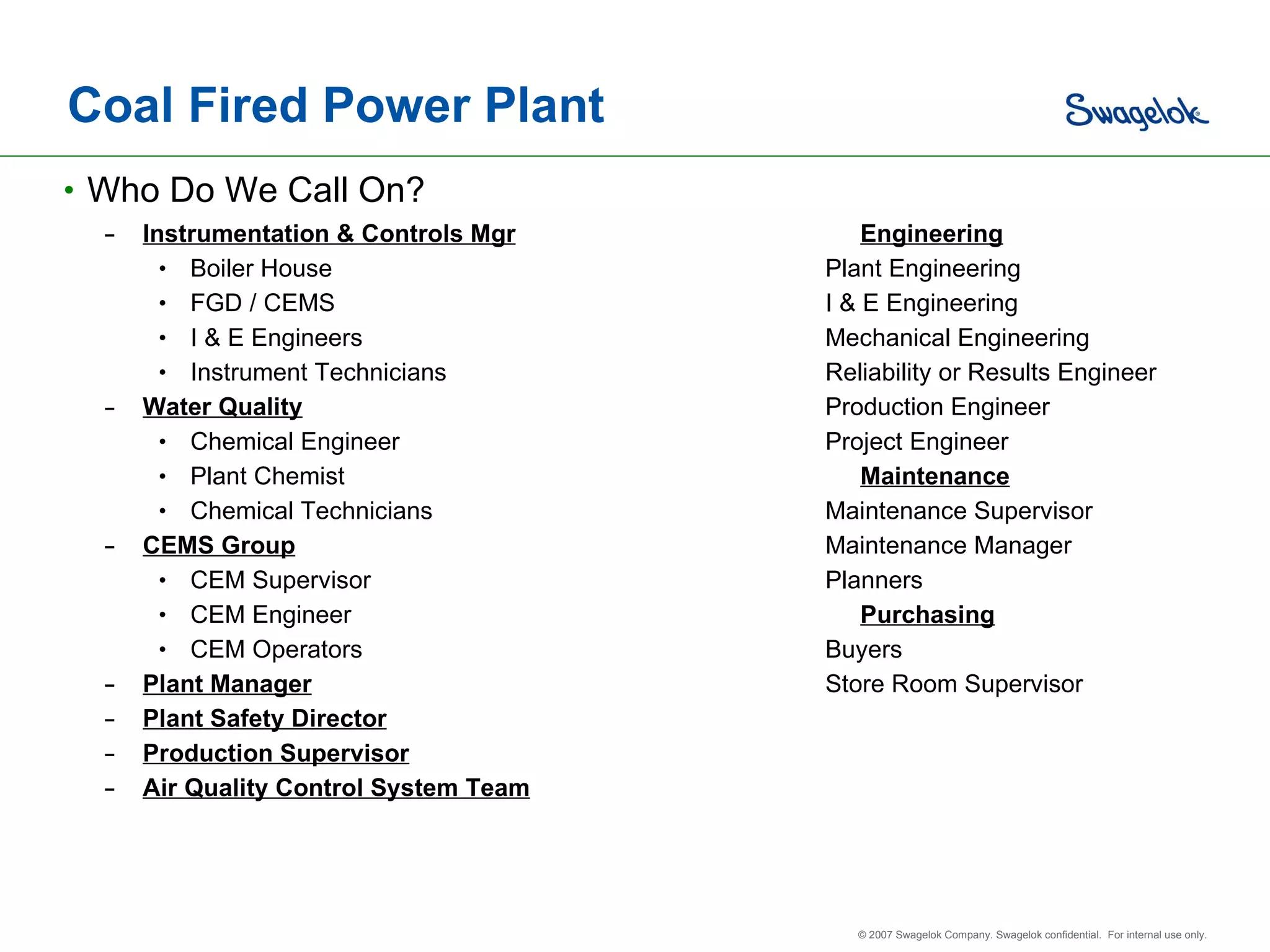 Coal Fired Power Plant Who Do We Call On? Instrumentation & Controls Mgr   Engineering Boiler House Plant Engineering FGD / CEMS I & E Engineering I & E Engineers Mechanical Engineering Instrument Technicians Reliability or Results Engineer Water Quality Production Engineer Chemical Engineer Project Engineer Plant Chemist   Maintenance Chemical Technicians Maintenance Supervisor CEMS Group Maintenance Manager CEM Supervisor Planners CEM Engineer   Purchasing CEM Operators Buyers Plant Manager Store Room Supervisor Plant Safety Director Production Supervisor Air Quality Control System Team 
