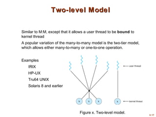 4.17
Two-level ModelTwo-level Model
Similar to M:M, except that it allows a user thread to be bound to
kernel thread
A popular variation of the many-to-many model is the two-tier model,
which allows either many-to-many or one-to-one operation.
Examples
IRIX
HP-UX
Tru64 UNIX
Solaris 8 and earlier
Figure x. Two-level model.
 