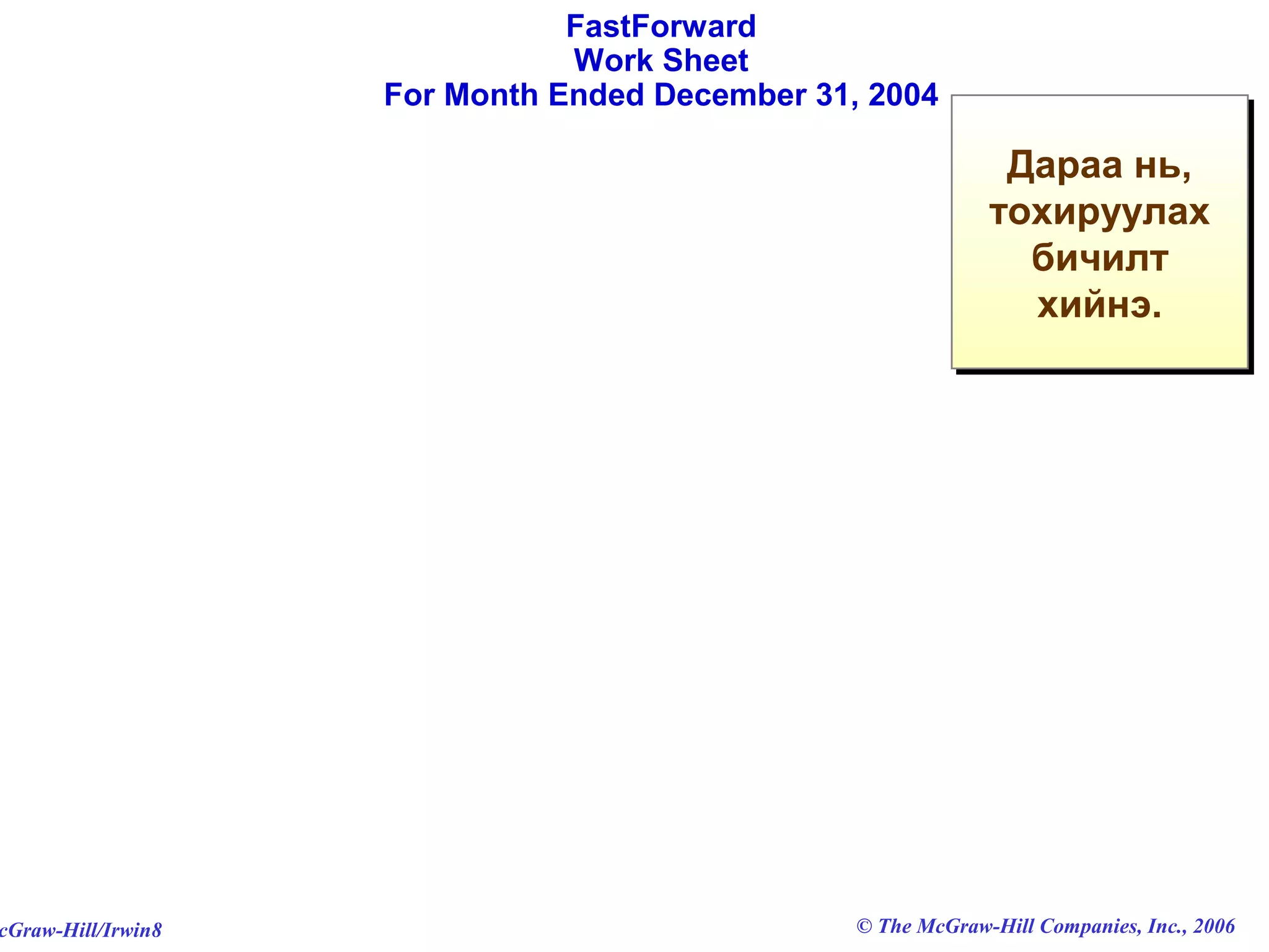 Дараа нь, 
тохируулах 
бичилт 
хийнэ. 
FastForward 
Work Sheet 
For Month Ended December 31, 2004 
© The McGraw-Hill/Irwin8 McGraw-Hill Companies, Inc., 2006 
 