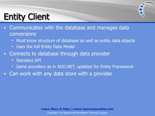 Entity Client
• Communicates with the database and manages data
  conversions
    Must know structure of database as well as entity data objects
    Uses the full Entity Data Model
• Connects to database through data provider
    Standard API
    Same providers as in ADO.NET, updated for Entity Framework
• Can work with any data store with a provider




                  Learn More @ http://www.learnnowonline.com
                     Copyright © by Application Developers Training Company
 