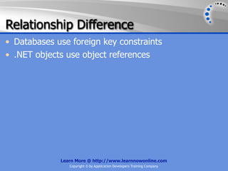 Relationship Difference
• Databases use foreign key constraints
• .NET objects use object references




             Learn More @ http://www.learnnowonline.com
                Copyright © by Application Developers Training Company
 