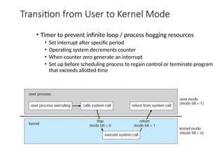 Transition from User to Kernel Mode
• Timer to prevent infinite loop / process hogging resources
• Set interrupt after specific period
• Operating system decrements counter
• When counter zero generate an interrupt
• Set up before scheduling process to regain control or terminate program
that exceeds allotted time
 