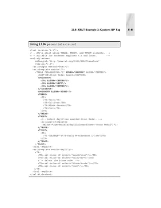 23.8 XSLT Example 2: Custom JSP Tag    1181




Listing 23.16 perennials-ie.xsl
<?xml version="1.0"?>
<!-- Style sheet using THEAD, TBODY, and TFOOT elements. -->
<!-- Suitable for Internet Explorer 4.x and later.        -->
<xsl:stylesheet
    xmlns:xsl="http://www.w3.org/1999/XSL/Transform"
    version="1.0">
  <xsl:output method="html"/>
  <xsl:template match="/">
    <TABLE CELLPADDING="3" RULES="GROUPS" ALIGN="CENTER">
      <CAPTION>Stout Medal Award</CAPTION>
      <COLGROUP>
         <COL ALIGN="CENTER"/>
         <COL ALIGN="LEFT"/>
         <COL ALIGN="CENTER"/>
      </COLGROUP>
      <COLGROUP ALIGN="RIGHT"/>
      <THEAD>
         <TR>
           <TH>Year</TH>
           <TH>Cultivar</TH>
           <TH>Bloom Season</TH>
           <TH>Cost</TH>
         </TR>
      </THEAD>
      <TBODY>
         <!-- Select daylilies awarded Stout Medal. -->
         <xsl:apply-templates
           select="/perennials/daylily[award/name='Stout Medal']"/>
      </TBODY>
      <TFOOT>
         <TR>
           <TD COLSPAN="4">E-early M-midseason L-late</TD>
         </TR>
      </TFOOT>
    </TABLE>
  </xsl:template>
  <xsl:template match="daylily">
    <TR>
      <TD><xsl:value-of select="award/year"/></TD>
      <TD><xsl:value-of select="cultivar"/></TD>
      <!-- Select the bloom code. -->
      <TD><xsl:value-of select="bloom/@code"/></TD>
      <TD><xsl:value-of select="cost"/></TD>
   </TR>
  </xsl:template>
</xsl:stylesheet>
 