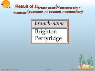 ©Silberschatz, Korth and Sudarshan
3.107
Database System Concepts
Result of branch-name(customer-city =
“Harrison”(customer account depositor))
 