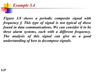 3.37
Figure 3.9 shows a periodic composite signal with
frequency f. This type of signal is not typical of those
found in data communications. We can consider it to be
three alarm systems, each with a different frequency.
The analysis of this signal can give us a good
understanding of how to decompose signals.
Example 3.4
 